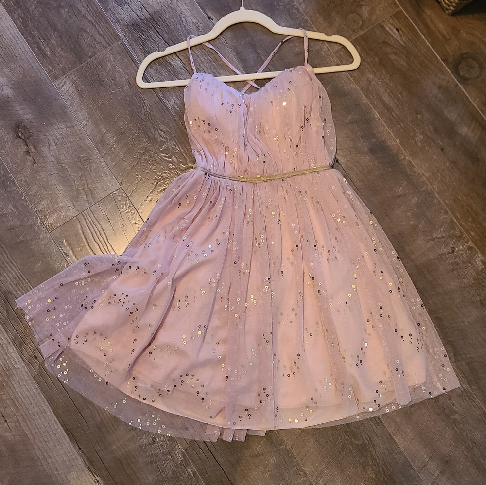 City Studio Criss Cross Strap Blush Sequin Mini Dress - Picture 3 of 7